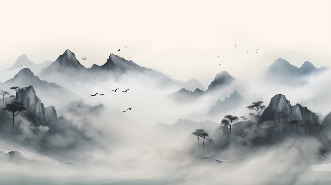 Meditációs kép hegyek felett repülő madarakkal.