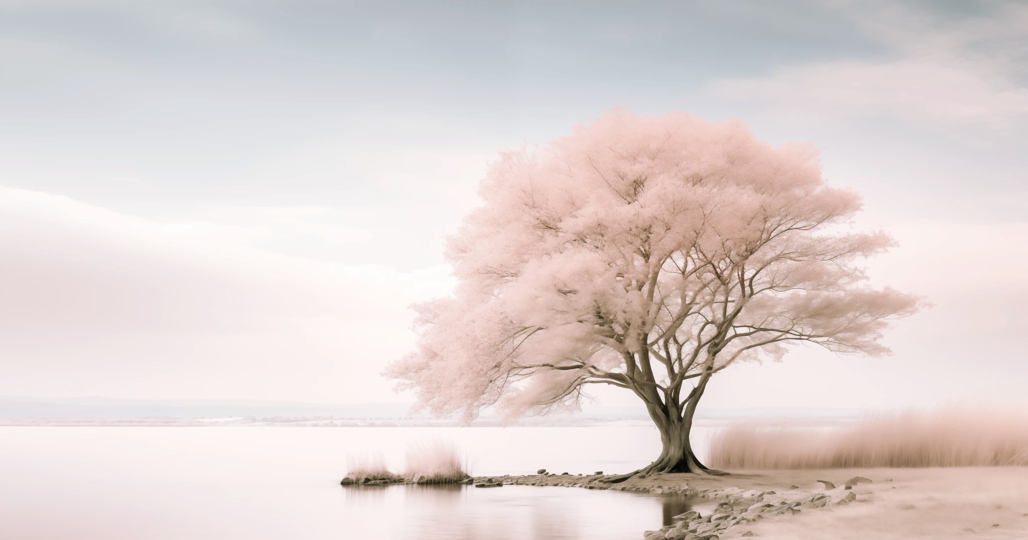 Csendes táj virágzó fával meditációra hív.